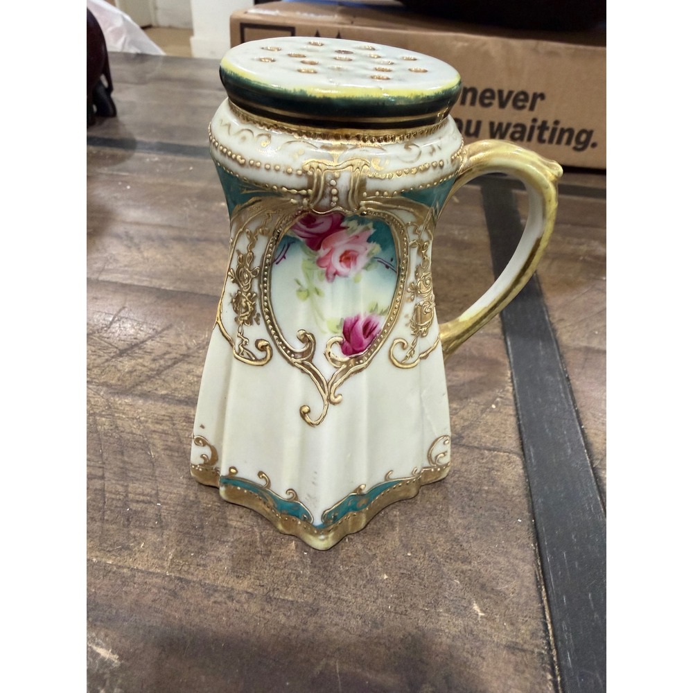 Antique Nippon Hand Painted Porcelain Sugar‎ Shaker Muffineer Rose Moriage Gold